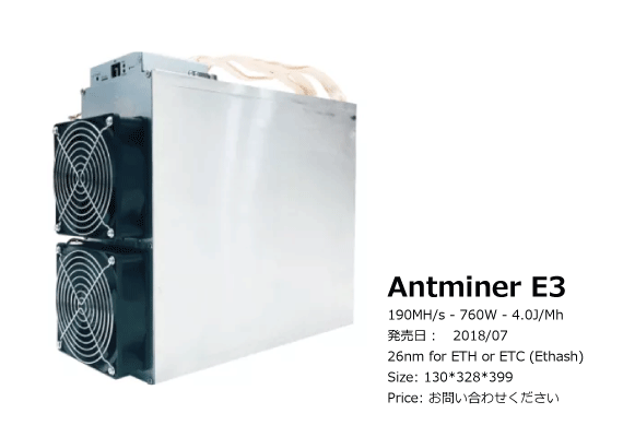 Model Antminer E3 (190Mh) from Bitmain mining EtHash algorithm with a maximum hashrate of 190Mh/s for a power consumption of 760W.