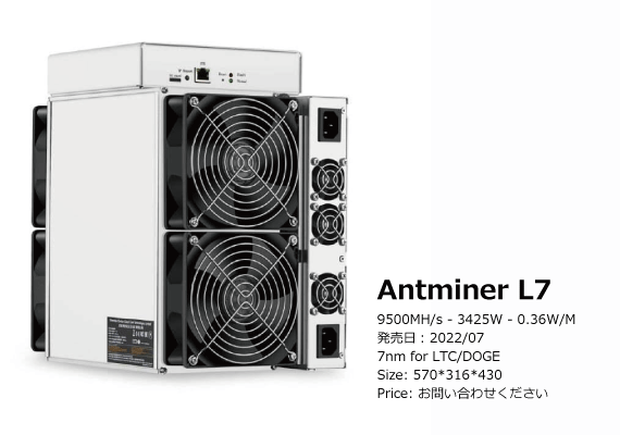 Model Antminer L7 (9.5Gh) from Bitmain mining Scrypt algorithm with a maximum hashrate of 9.5Gh/s for a power consumption of 3425W.