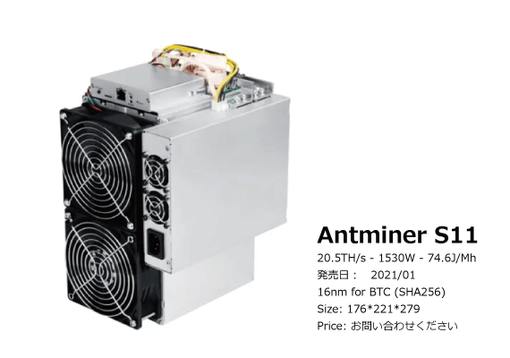 Model Antminer S11 (20.5Th) from Bitmain mining SHA-256 algorithm with a maximum hashrate of 20.5Th/s for a power consumption of 1530W.