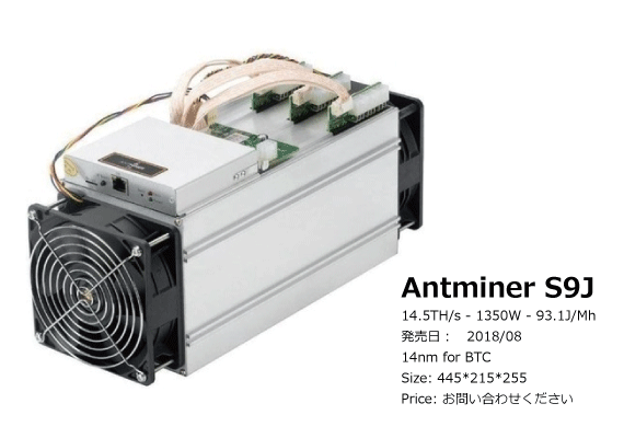 Model Antminer S9j (14.5Th) from Bitmain mining SHA-256 algorithm with a maximum hashrate of 14.5Th/s for a power consumption of 1350W.